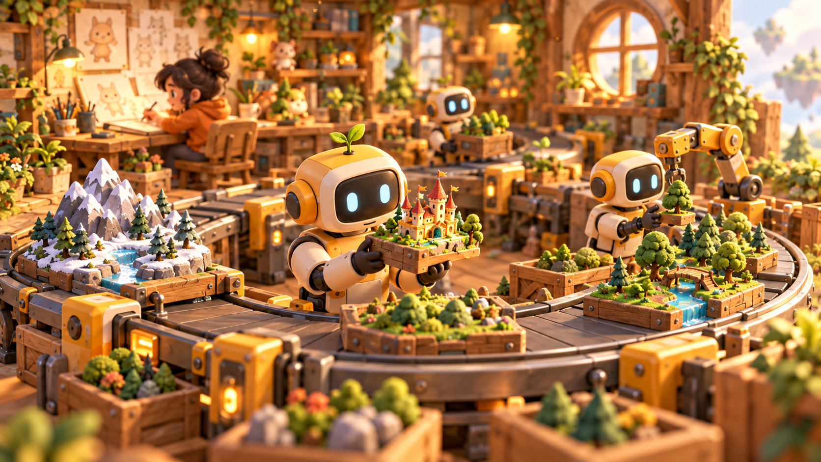 Robot trên băng chuyền vòng lặp tạo nên rừng và lâu đài
